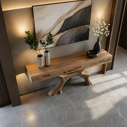 Solid Wood Console Table with Sculptural Branch-Form Base & Drawers - Rustira