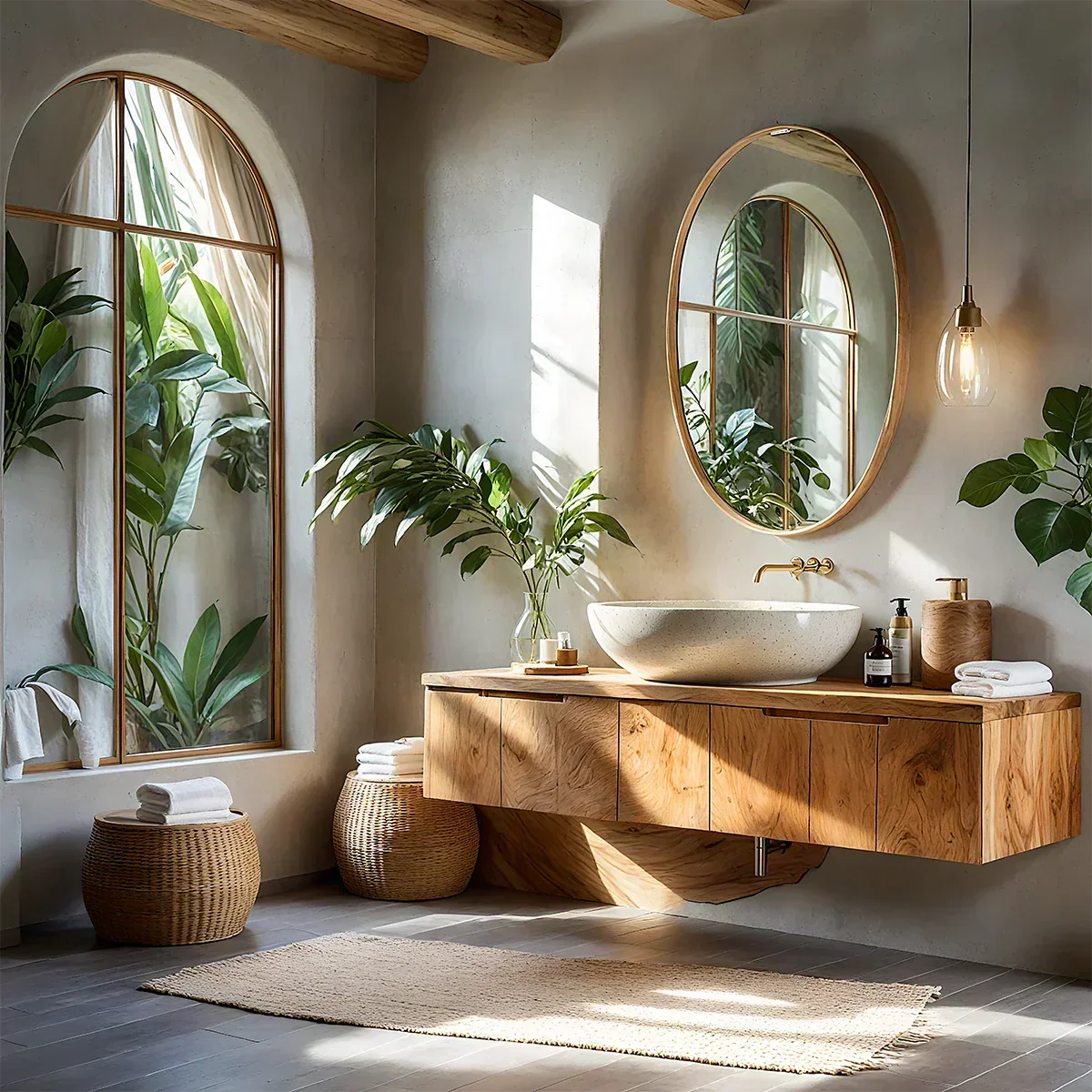 Solid Wood Floating Vanity with Stone Basin - Rustira