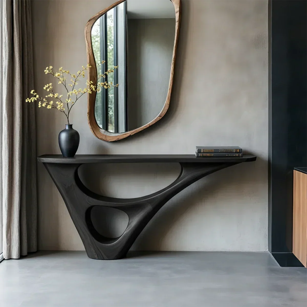 Solid Wood Sculptural Console Table with Fluid Carved Base - Rustira