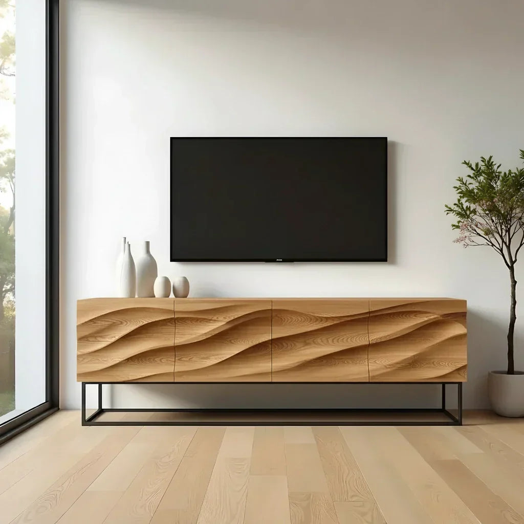 Wave-Carved Scandinavian Solid Wood TV Console – Natural Oak Finish - Rustira