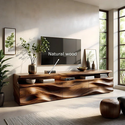 Wave-Carved Solid Wood TV Stand - Luxury Organic Media Console - Rustira