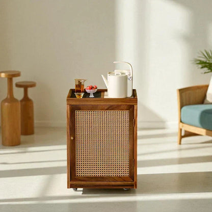 Wooden Tea Cabinet with Rattan Door – Portable Solid Wood - Rustira